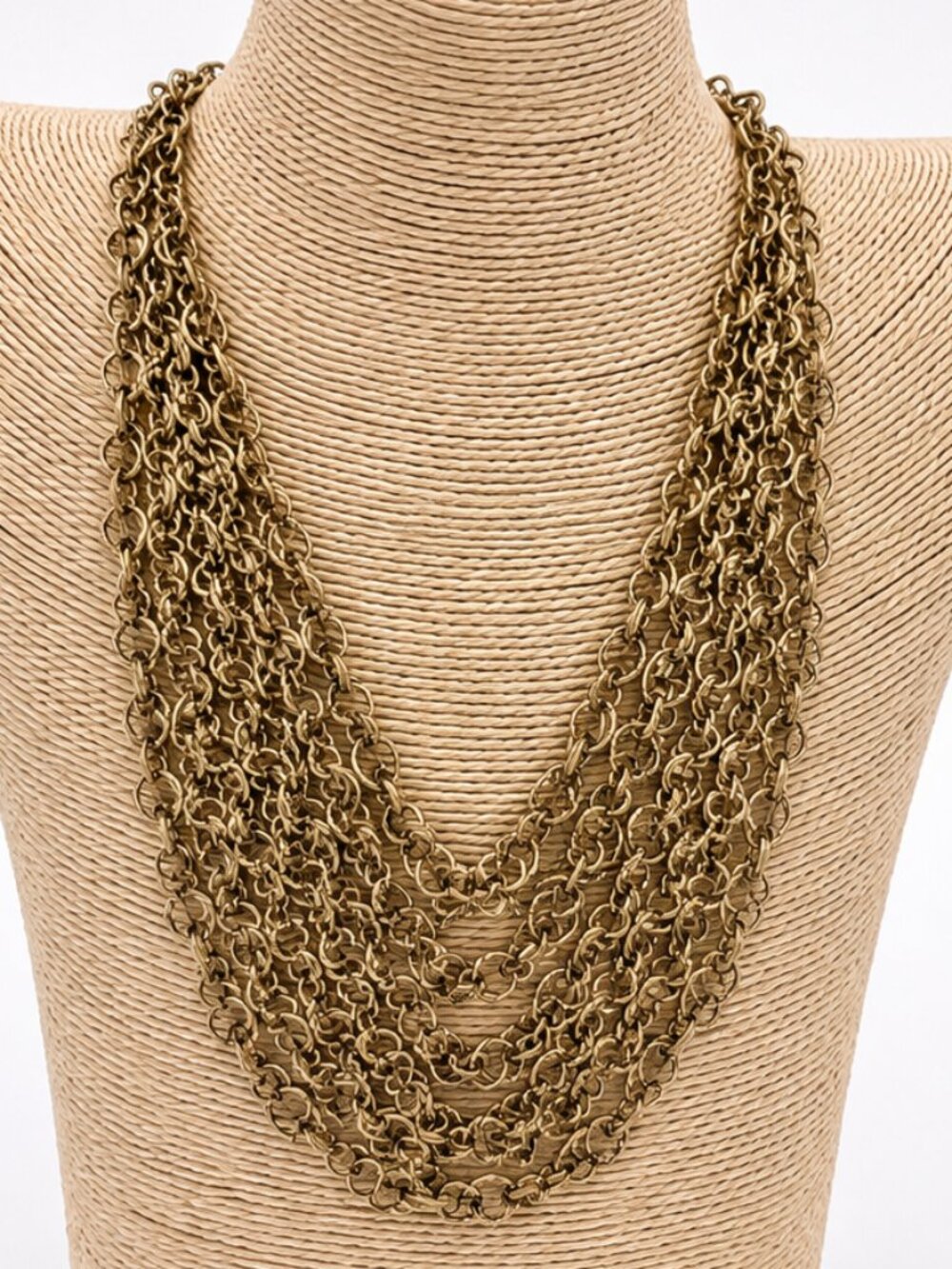 Gold Tone Layered Statement Necklace Textured Chain Bib Design